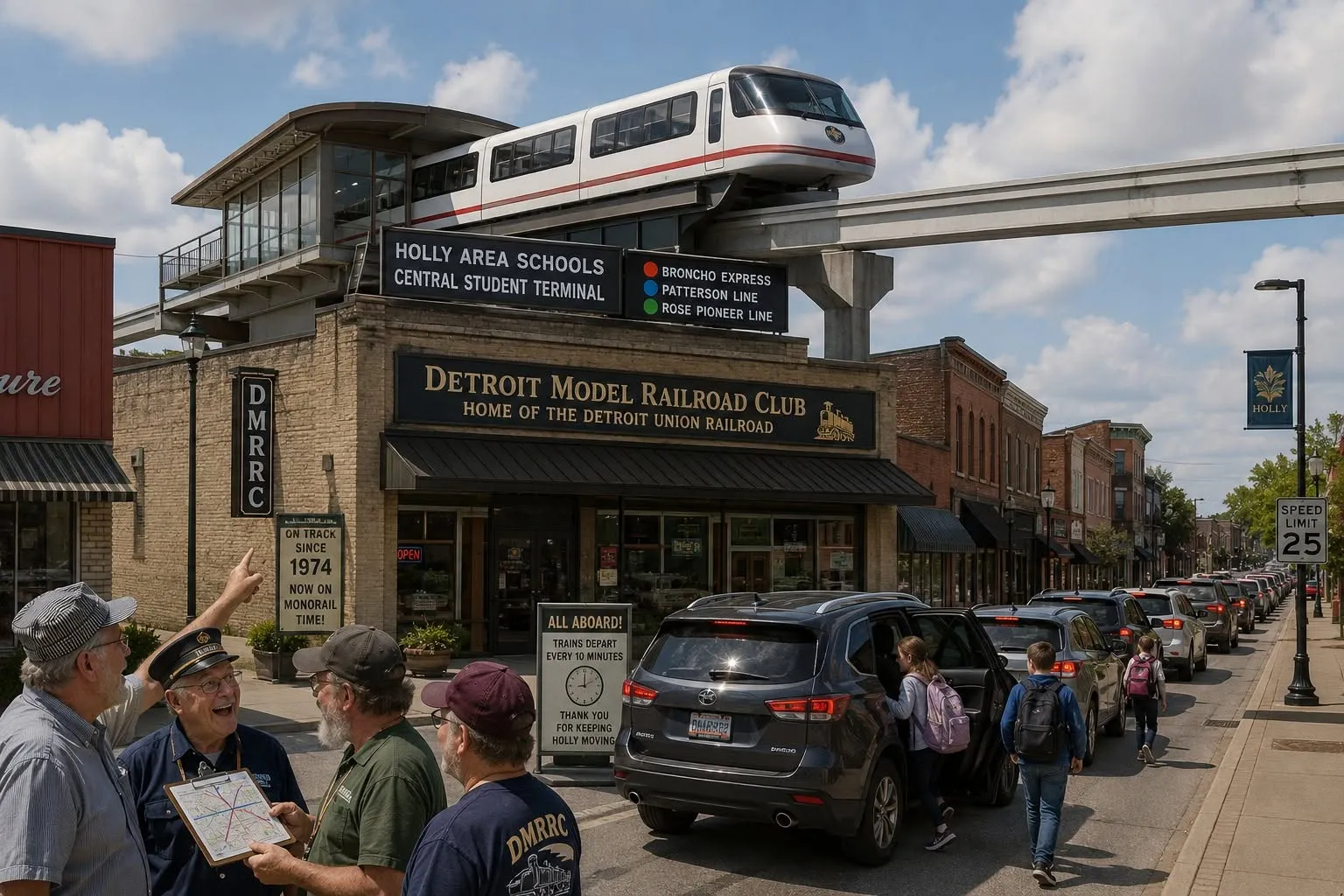 Placeholder Battle Alley Bugle artwork; replace with a description of the Holly Schools monorail story image