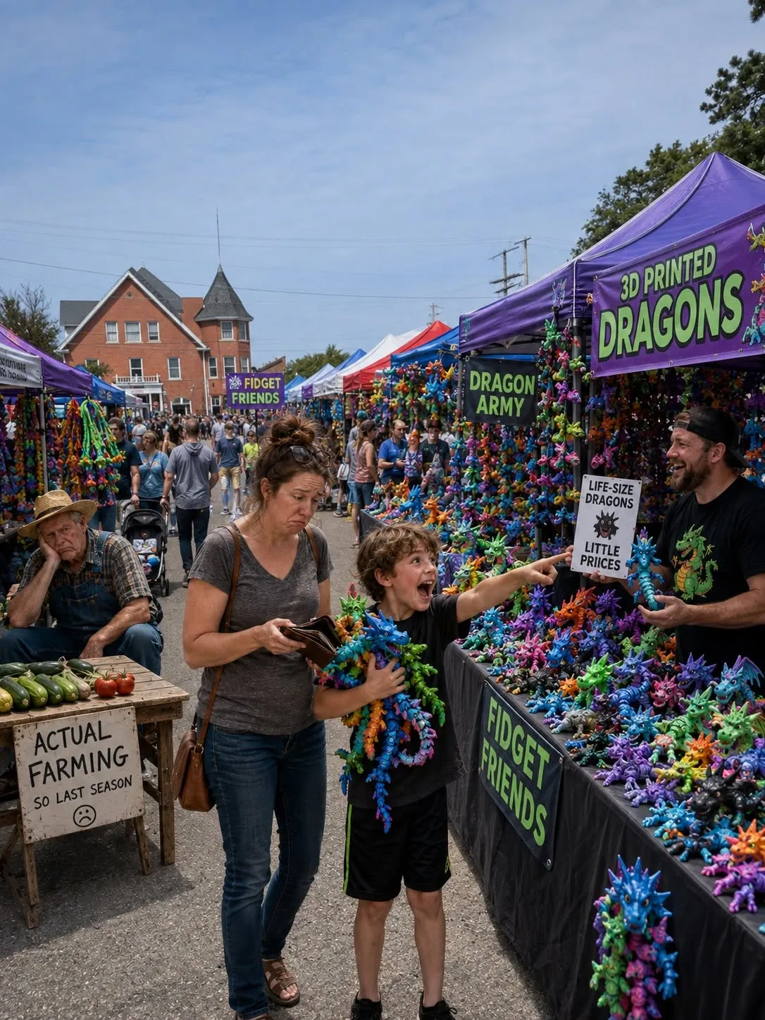 Placeholder Battle Alley Bugle artwork; replace with a description of the Holly Farmers Market and 3D-printed dragon vendors story image
